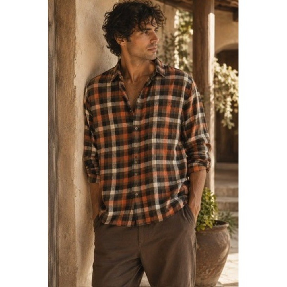 Croft & Barrow Mens Large Quick Dry Flannel Shirt Plaid Orange Brown Button Up